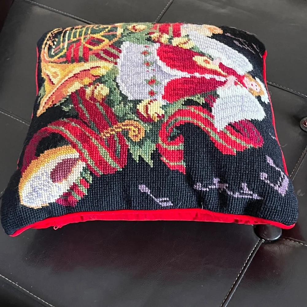 Christmas Angel Musical Instrument Pillow WOOL NEEDLEPOINT, RED velvet 14 x 14